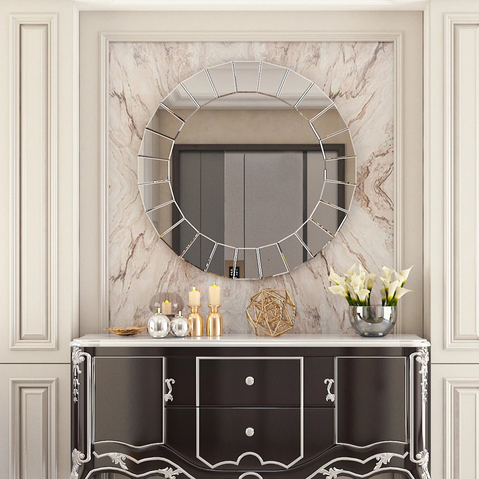 Round Silver Wall-mounted Mirrors for Hallway Living Room, Large Mirrors, Venetian Ornate Art Decor, 80cm