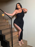 Women's Sexy One-Shoulder Black Jumpsuit with Fishnet Cutout Slim Fit Club Party Ankle-Length Polyester Nylon Blend