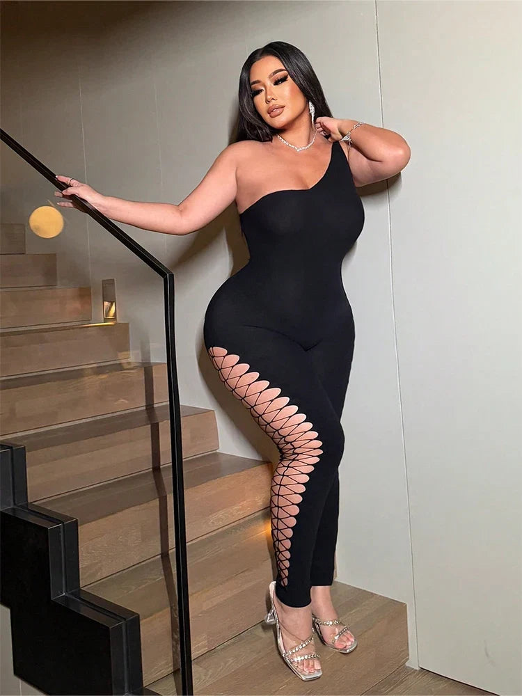 Women's Sexy One-Shoulder Black Jumpsuit with Fishnet Cutout Slim Fit Club Party Ankle-Length Polyester Nylon Blend