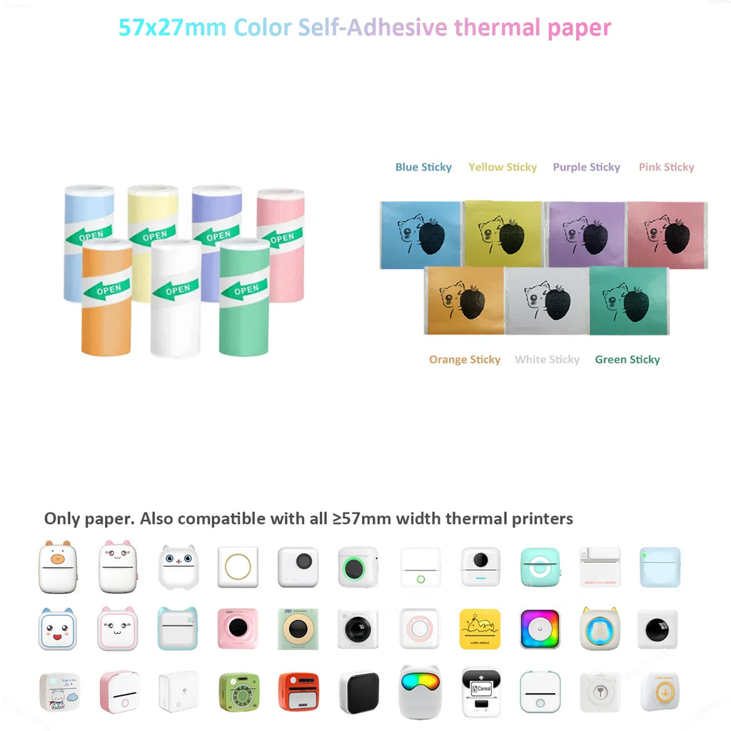 Mini Printer Color Sticker Thermal Paper Label Paper Sticker Photo Papers For PeriPage PAPERANG Poooli 57mm width Photo Printer
