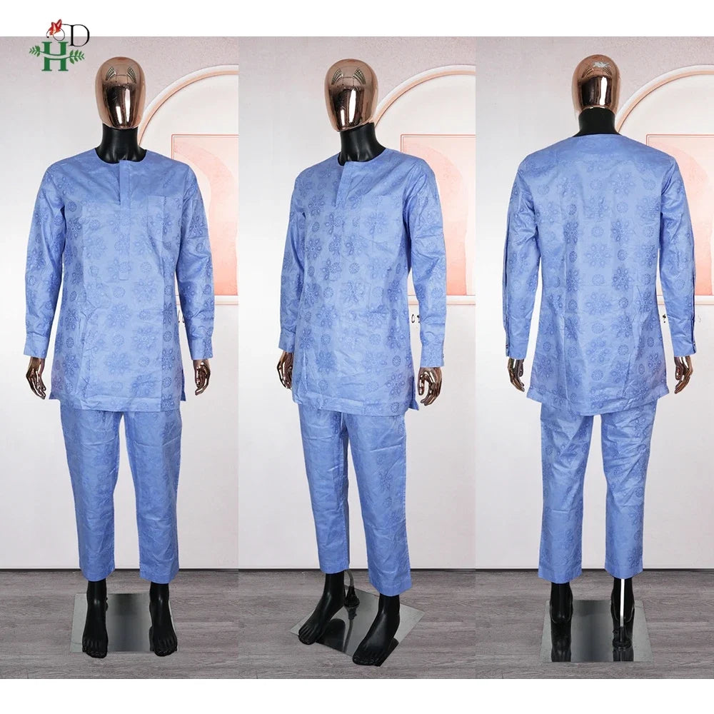 African Embroidery Blue Gown  Men Elegant Thobe 3 PC Top and Pants Suits Set