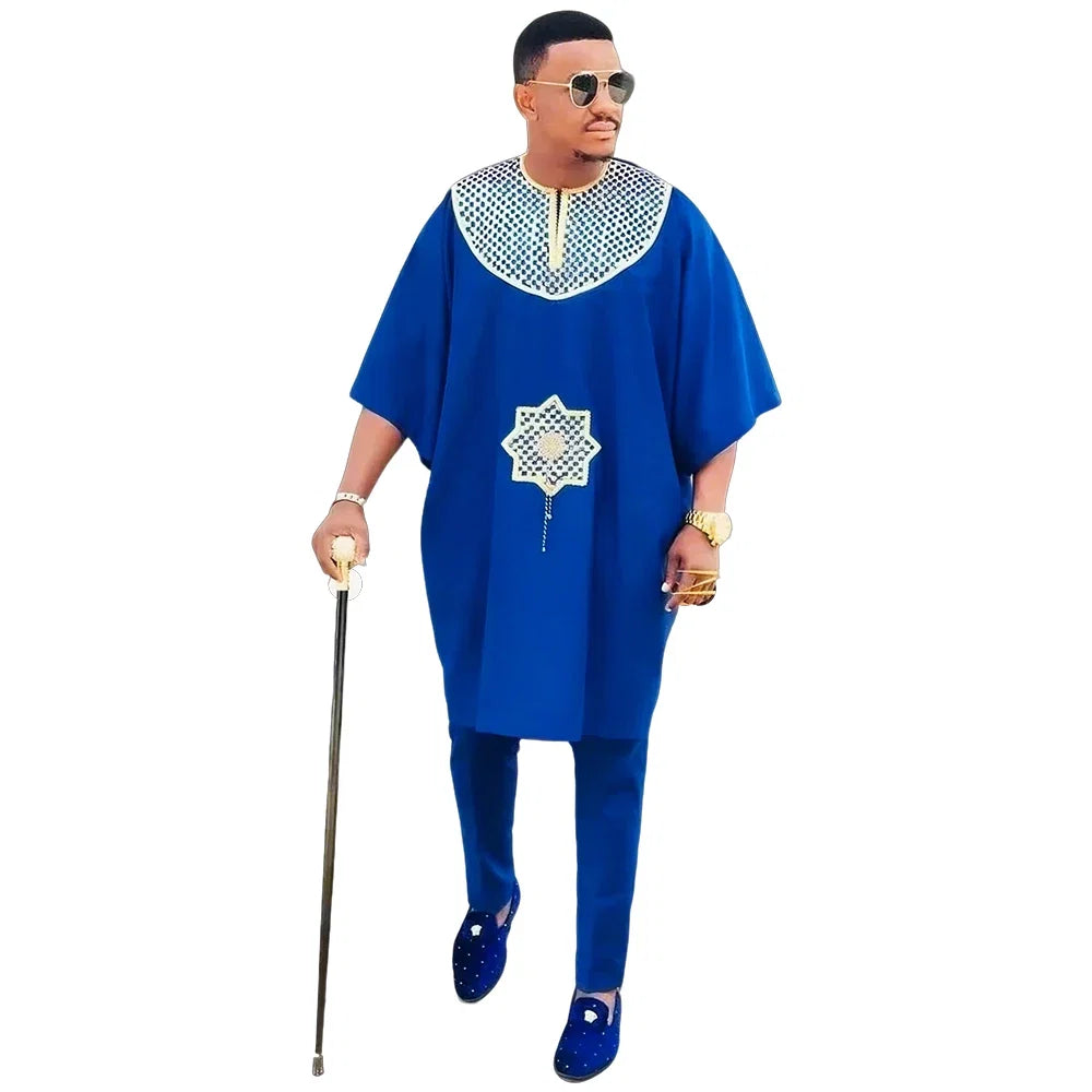 African Clothes for Men 2 Pieces Set Blue Embroidered Tops and Pants Traditional Clothing Rich Bazin