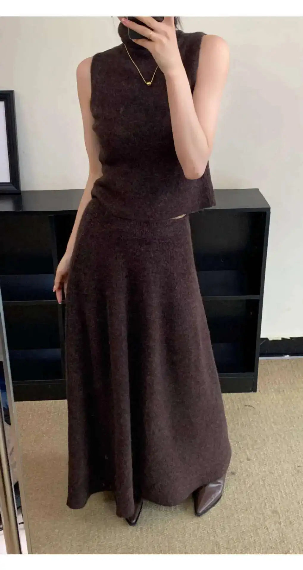Elegant Knitted 3 Piece Set Women Long Cardigan Coat Sleeveless Vest High Waist A-line Long Skirt