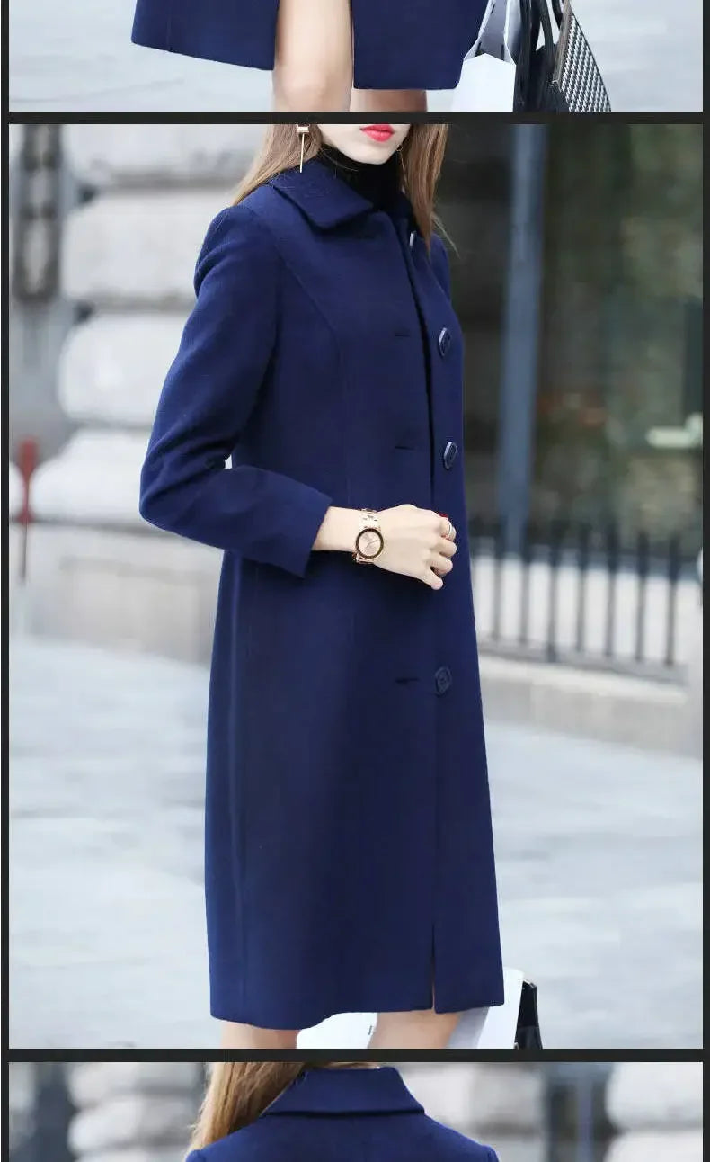 Women's Medium-Length Slimming Woolen Overcoat Autumn Winter plus Sizes Smooth Silhouette Single Breasted Button Closure