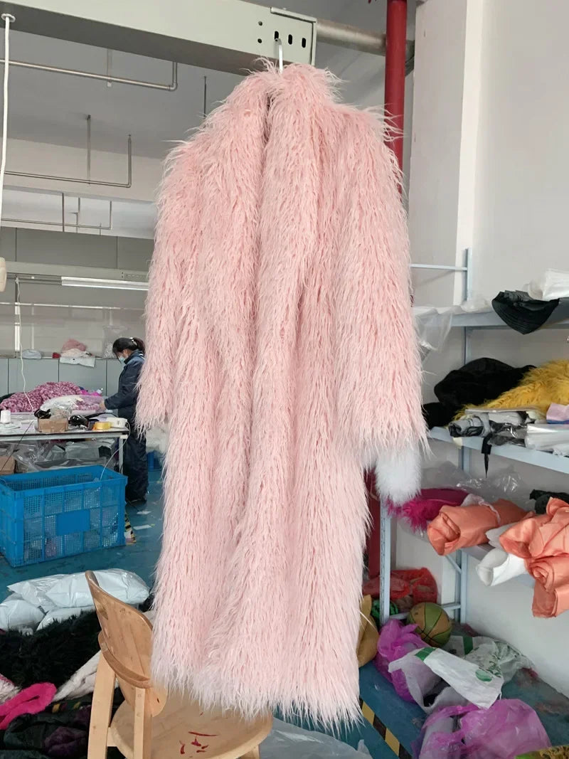 Faux Fur Jacket Women Long Coat Thick Fluffy Winter Warm Shaggy Overcoat Open Stitch Outerwear Turn Down Collar High Street