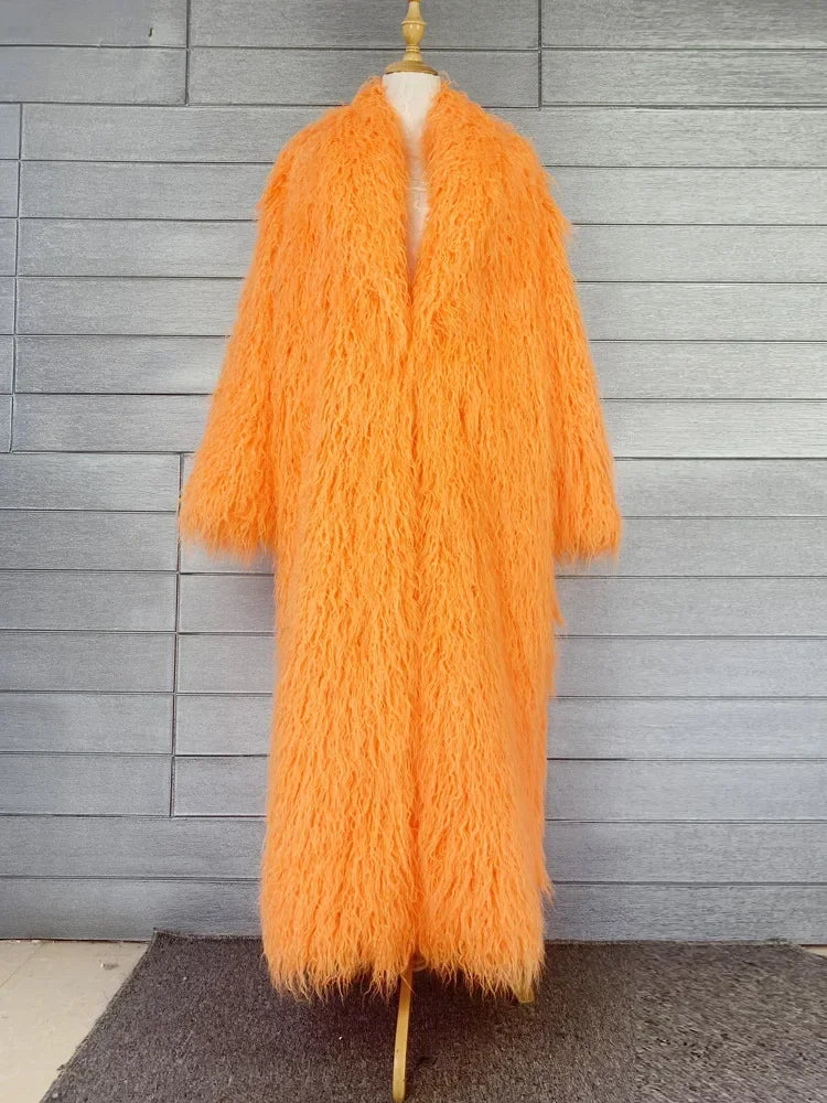 Faux Fur Jacket Women Long Coat Thick Fluffy Winter Warm Shaggy Overcoat Open Stitch Outerwear Turn Down Collar High Street
