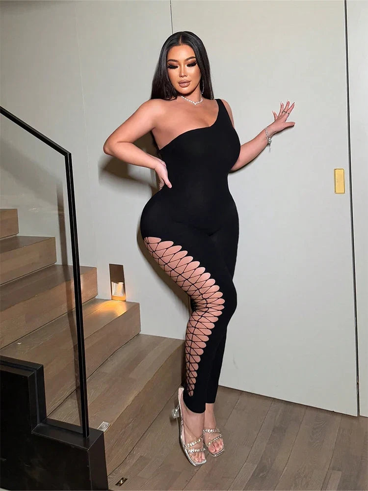 Women's Sexy One-Shoulder Black Jumpsuit with Fishnet Cutout Slim Fit Club Party Ankle-Length Polyester Nylon Blend