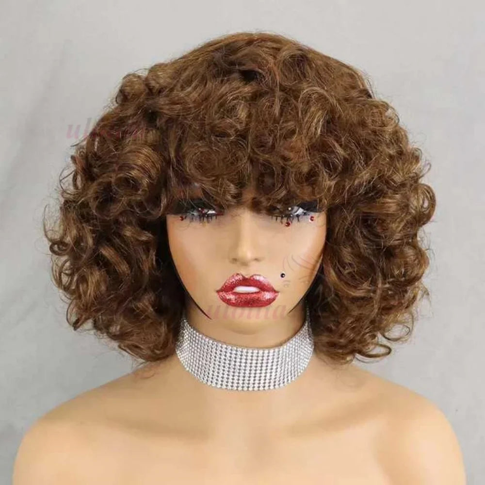 Curly Bob Wig With Bangs | Indian Remy Hair | 200% Density | 99J, 350, Highlight & More