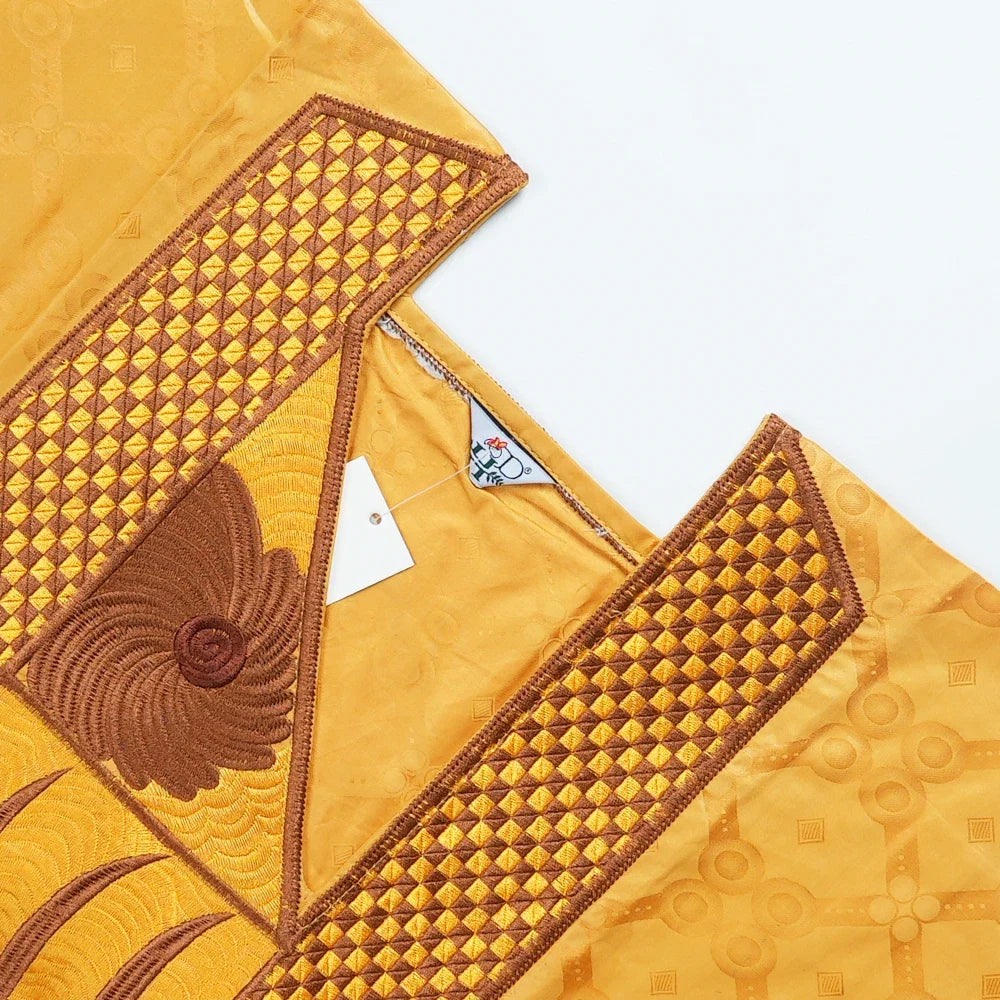 African Men Traditional Embroidery Bazin Riche Dashiki Yellow Shirt Pants 3PCS Bubu Dress Suit