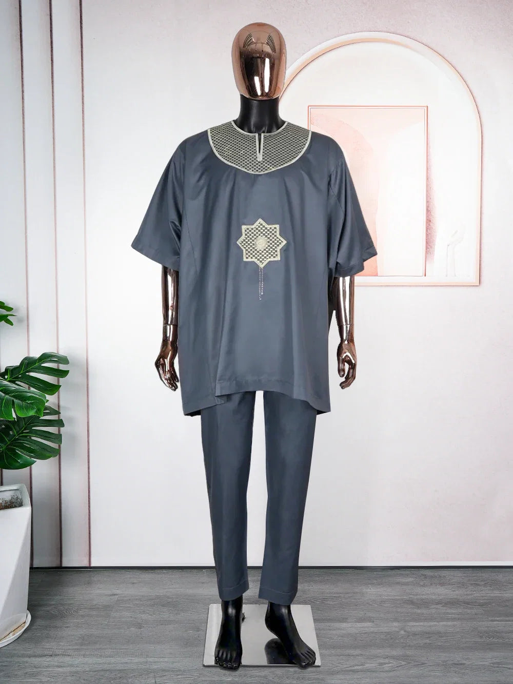 African Clothes for Men 2 Pieces Set Blue Embroidered Tops and Pants Traditional Clothing Rich Bazin