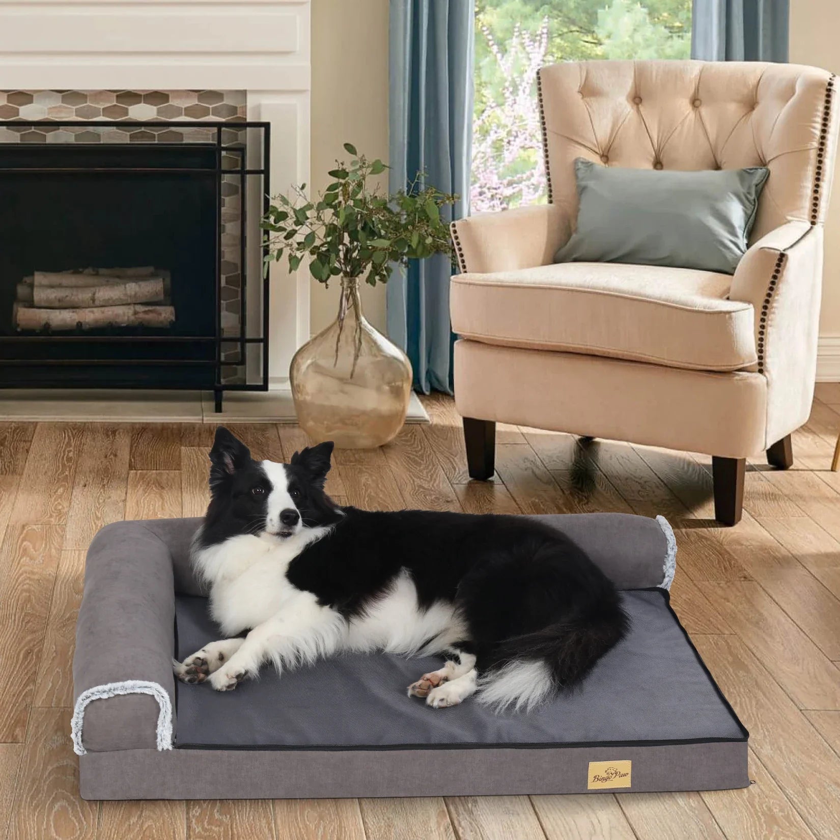 BigngoPaw Heavy Duty Dog Bed for Large Medium Super Soft L-shape Pet Calming Bed Chaise Sofa Kennel Mat w/ Removable Plush Cover