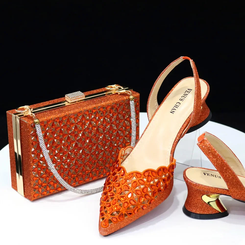 Hollowed Out Embroidery Rhinestone Pointed Toe Slingback Heels — Shoes Only or With Matching Bag | 5 Colours | EU 37–43