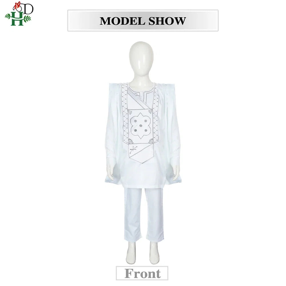 Boys White Blue Long Sleeve Tops Embroidery Dashiki Robe Shirt And Pant Set 3 PCS