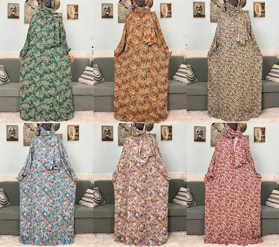 Women's Traditional Floral Ramadan Muslim Cotton Abayas Garment with attached Headscarf