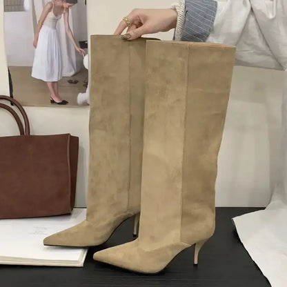 Retro Suede Knee‑High Boots – Kitten Heel