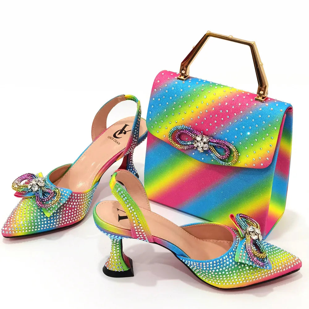 Rhinestone Bow Sequin Pointed Toe Slingback Heels — Shoes Only or With Matching Bag | 6 Colours | EU 37–43