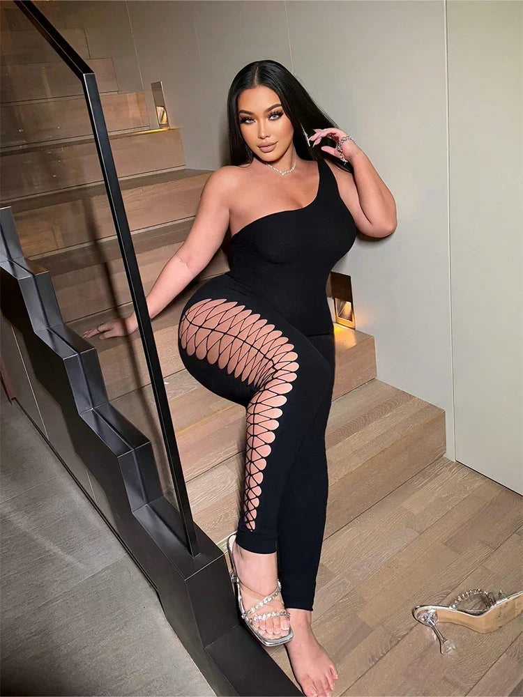 Women's Sexy One-Shoulder Black Jumpsuit with Fishnet Cutout Slim Fit Club Party Ankle-Length Polyester Nylon Blend