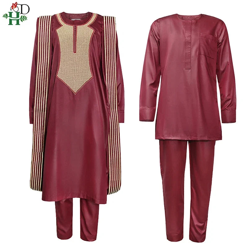 H&D African Agbada Suit For Men Embroidered Robes Dashiki Cover Shirt Pants 3 PCS Set Boubou Africain Homme Musulman Ensembles