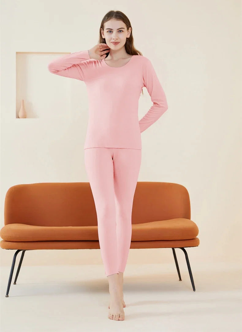 Women's Seamless Thermal Underwear Set Winter Warm Comfortable Solid Lingerie Long Johns Sexy Knitted Polyester Elastane Blend