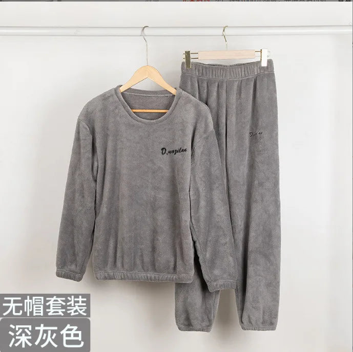 Double-Sided Coral Fleece Pajama Set Thickened Warm Leisure Wear for Autumn Winter Comfortable Polyester Sleepwear