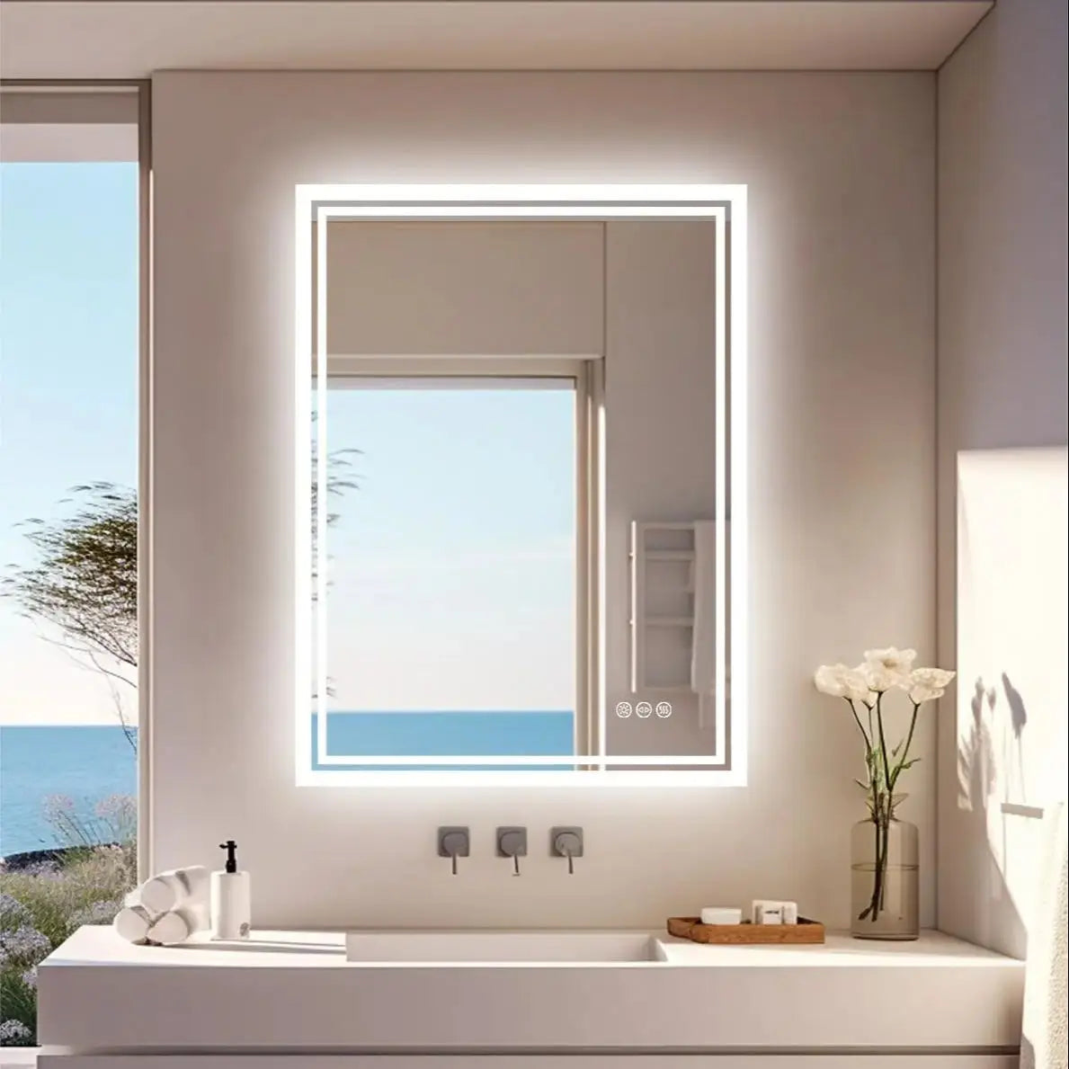 LED Light Bathroom Mirror Illuminated Wall Mounted Vanity Makeup Anti-Fog Rectangle 3 Colors Touch Light