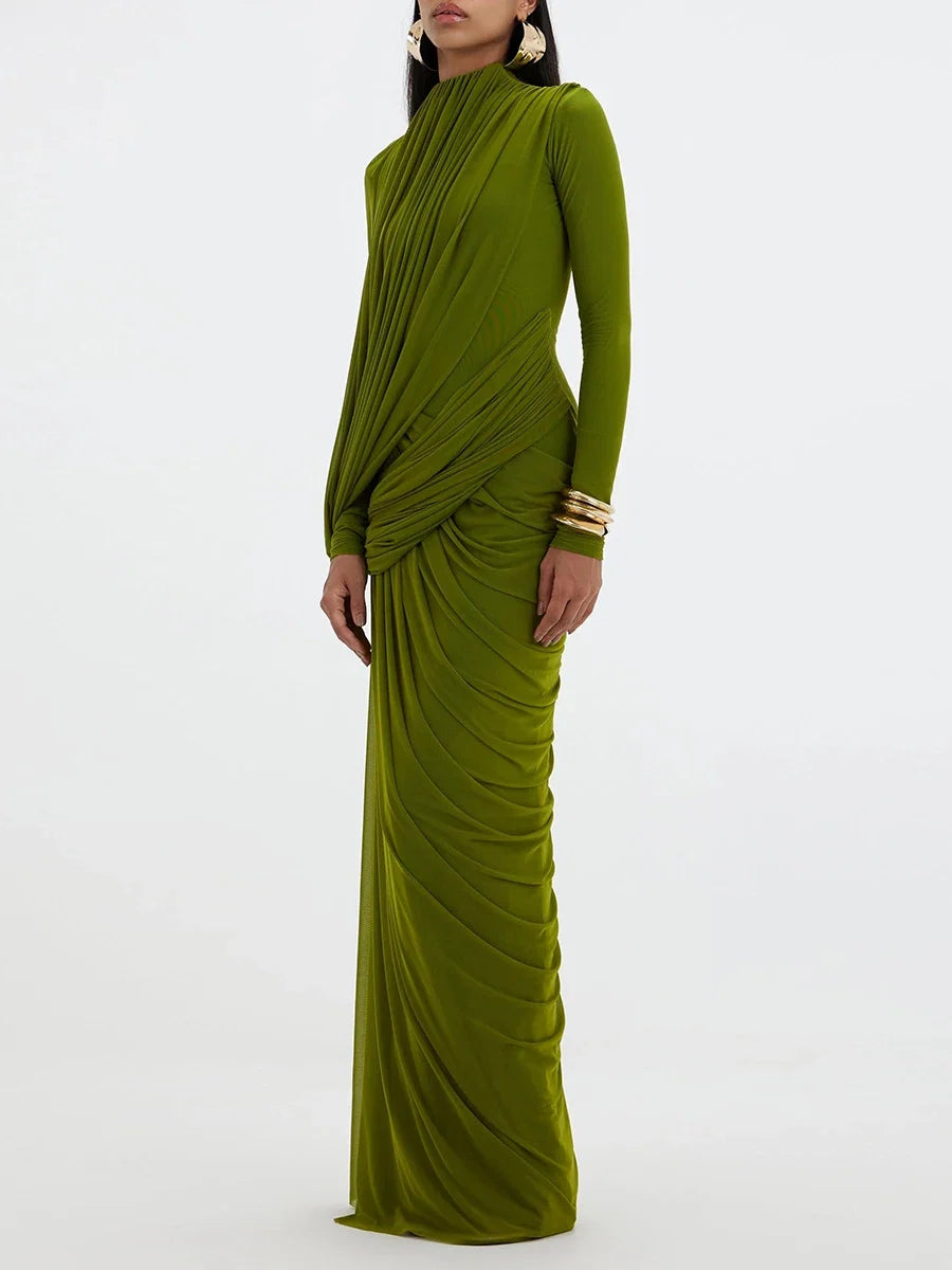 Women's Elegant Vintage Spliced Ribbon Turtleneck Long Sleeve Evening Maxi Dress