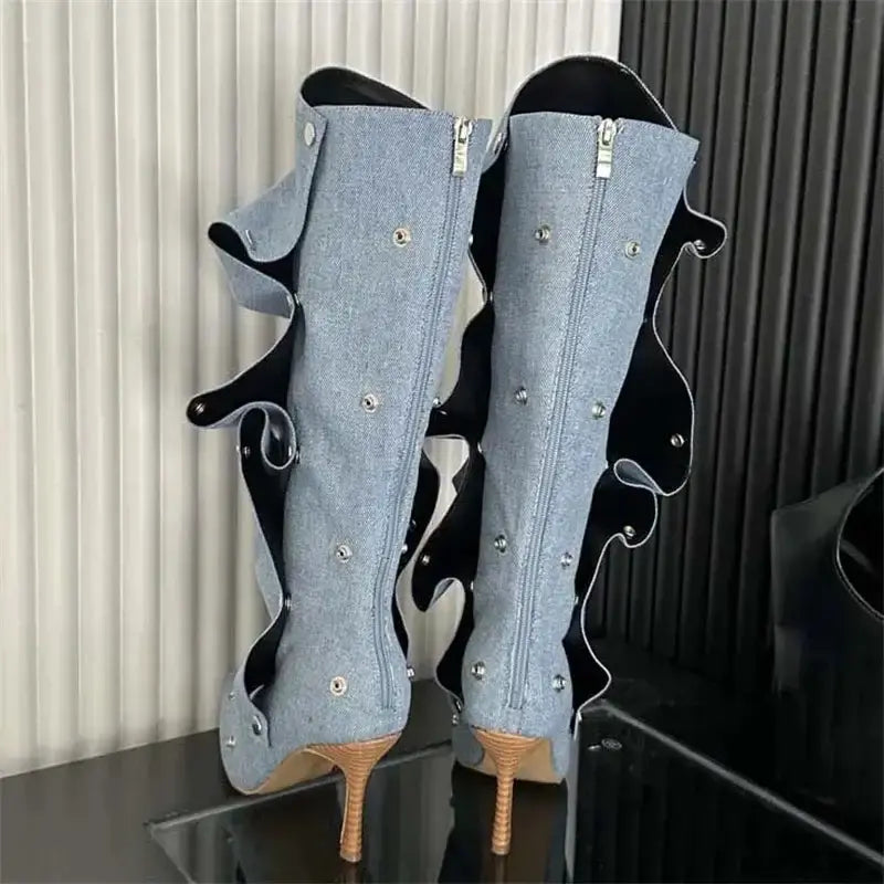 Denim Knee-High Pleated Boots – Thin High Heel