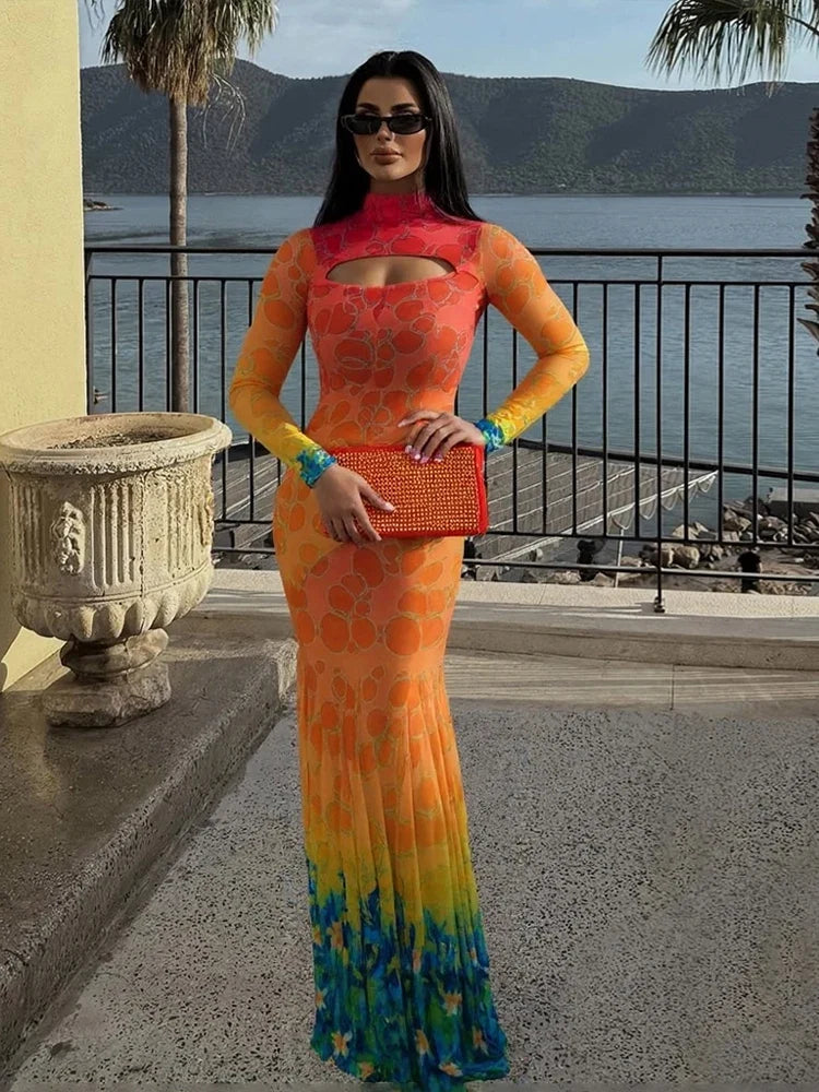kliou Mesh Panelled Women Maxi Dress Sexy Stunning Point Print Full Sleeve O-neck Sheath Robe Mujer Hipster Festival Party Frock