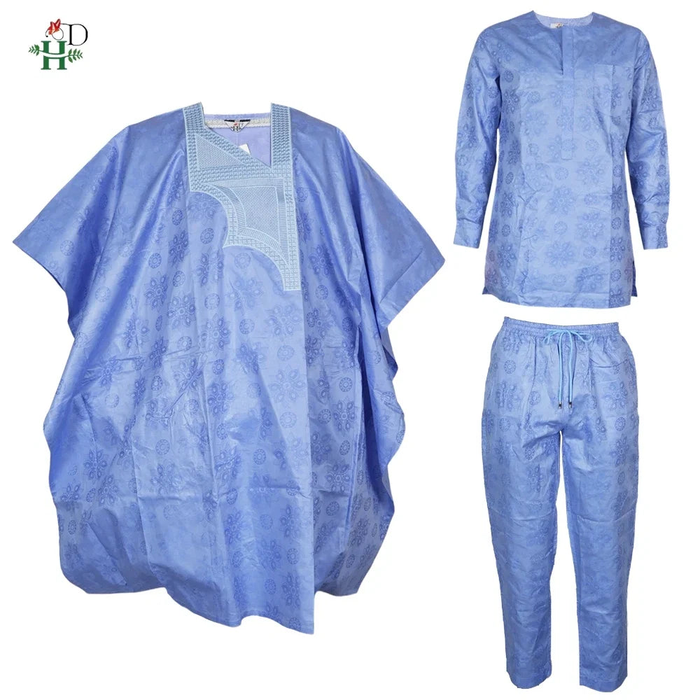 African Embroidery Blue Gown  Men Elegant Thobe 3 PC Top and Pants Suits Set