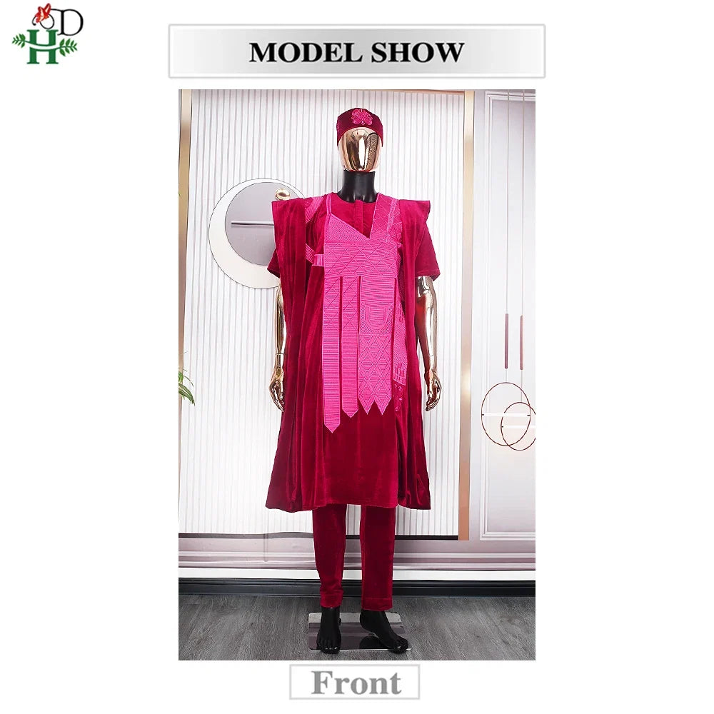 African Clothes for Men Clothing High-Quality Pink Embroidery With Hat Flannelette 3 Pcs Set