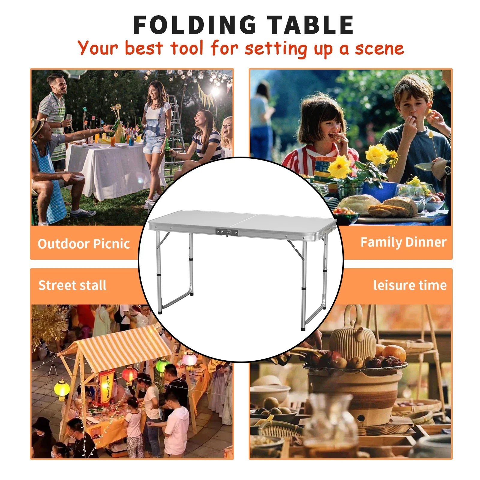 Features:  - Folding table with carry handle  - Moulded plastic top - includes handy carrying handle  - Sturdy aluminum alloy fr