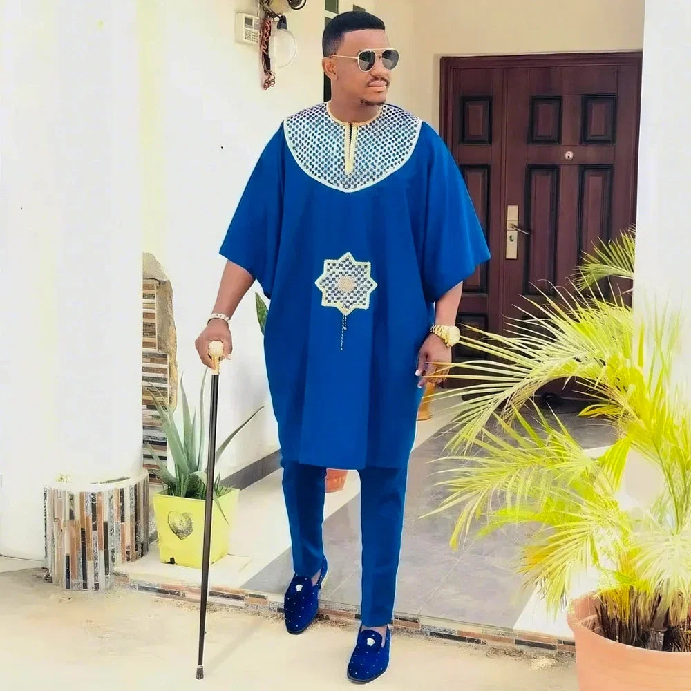 African Clothes for Men 2 Pieces Set Blue Embroidered Tops and Pants Traditional Clothing Rich Bazin