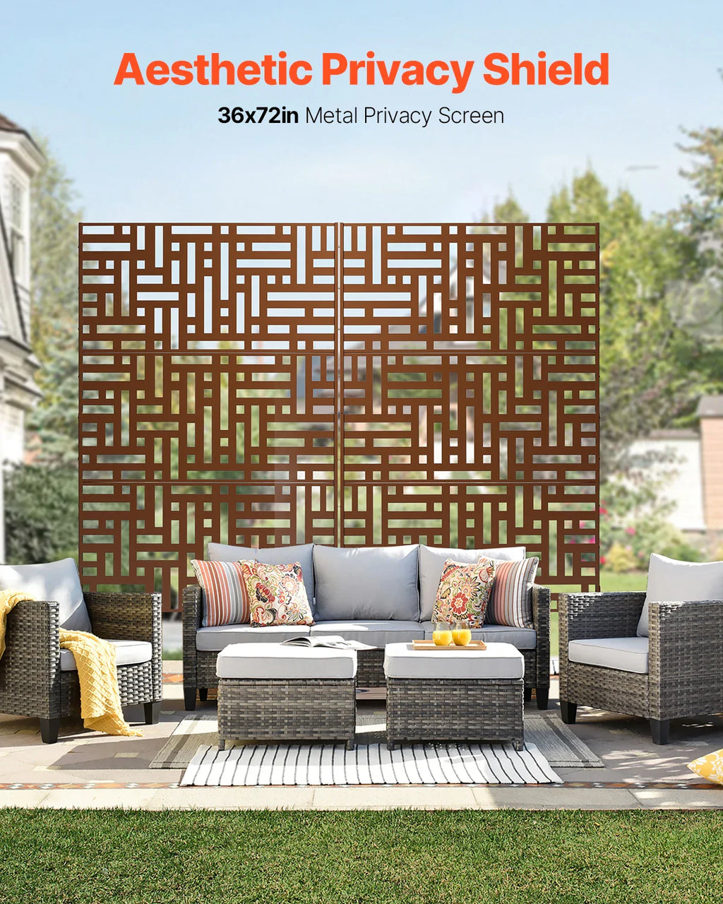 VEVOR Metal Privacy Screen Freestanding Outdoor Divider with Stand 3-Panel Decorative Garden Steel Privacy Fence for Balcony