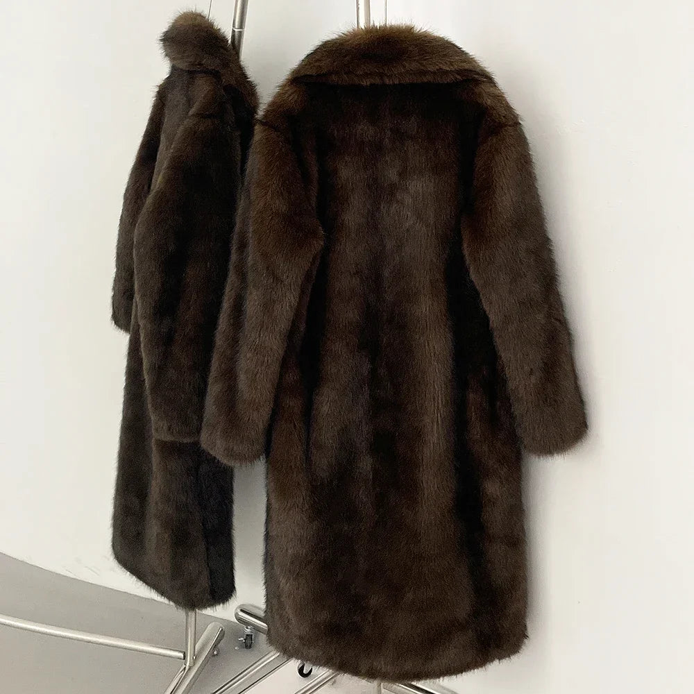 Women's Long Faux Fur Jacket European Style Lapel Casual Coat Eco-Friendly Covered Button Loose Fit Winter Warm