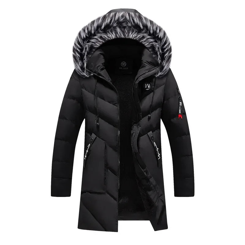 Men's Winter Thick Cotton Parka Casual Long Coat with Removable Hat Slim Fit Warm And Comfortable