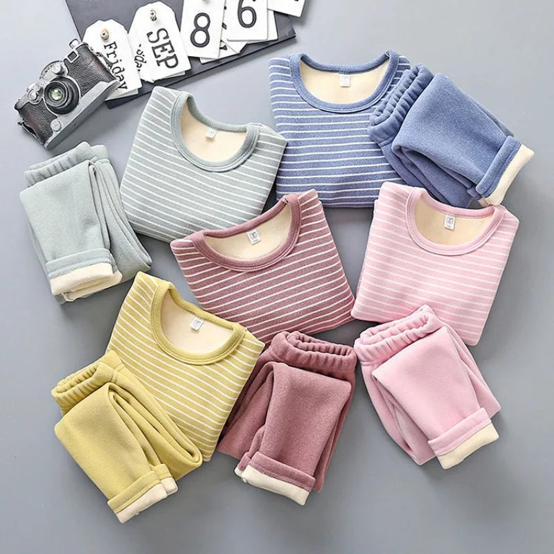 Children's Fleece Lined Thermal Underwear Set Boys Girls Stripe Design Thickened Unisex Autumn Thermal Pajamas 4-6 Years