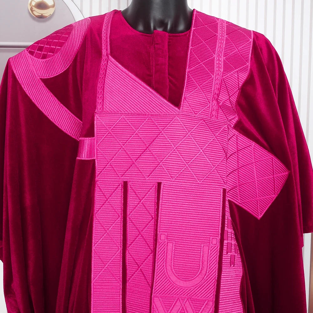 African Clothes for Men Clothing High-Quality Pink Embroidery With Hat Flannelette 3 Pcs Set
