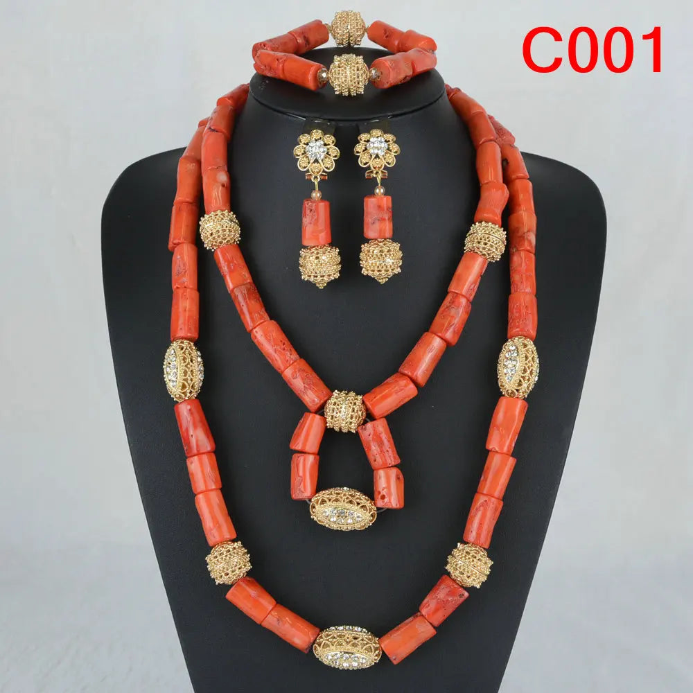Nigerian Coral Jewellery Set | Necklace, Earrings & Bracelet | African Beads | Wedding