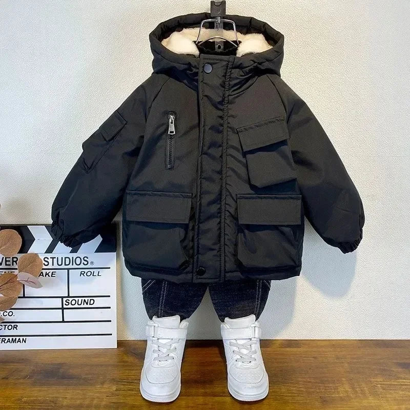 New Winter Down Cotton Jacket Boys Black Hooded Coat Children Outerwear