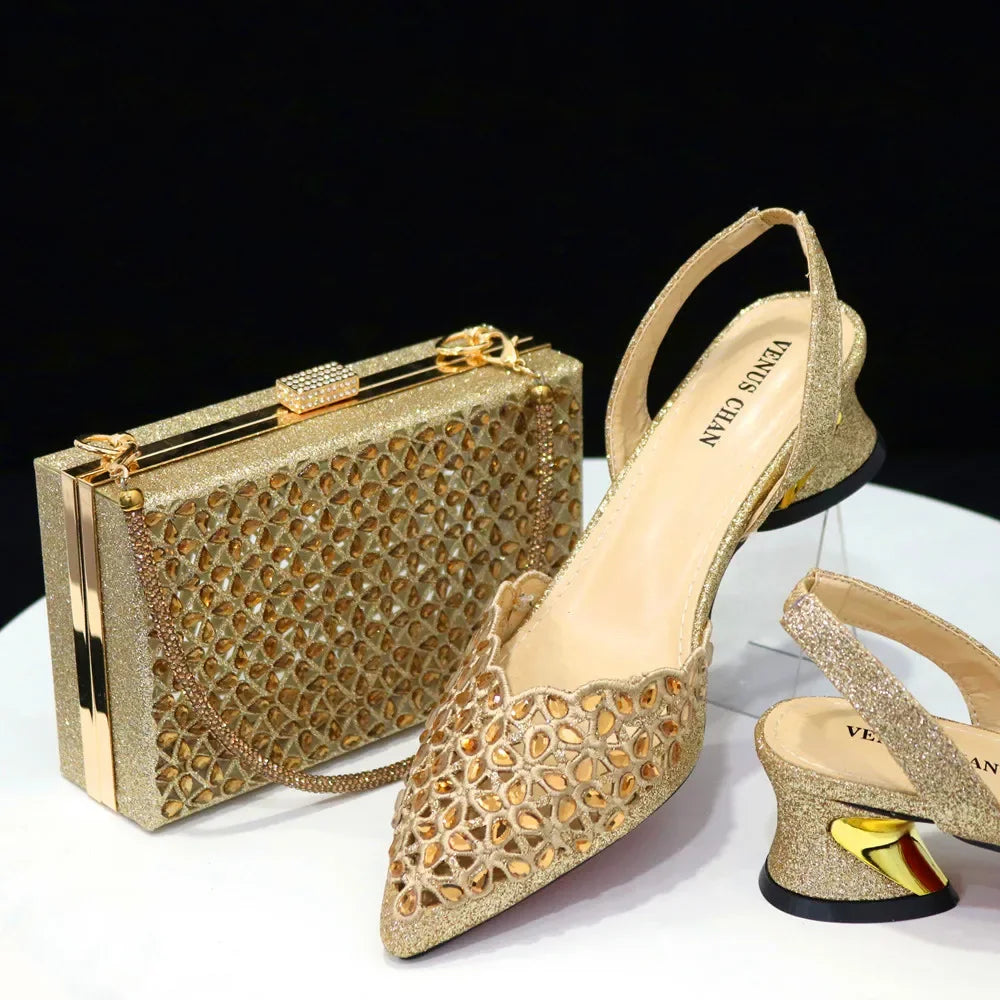 Hollowed Out Embroidery Rhinestone Pointed Toe Slingback Heels — Shoes Only or With Matching Bag | 5 Colours | EU 37–43