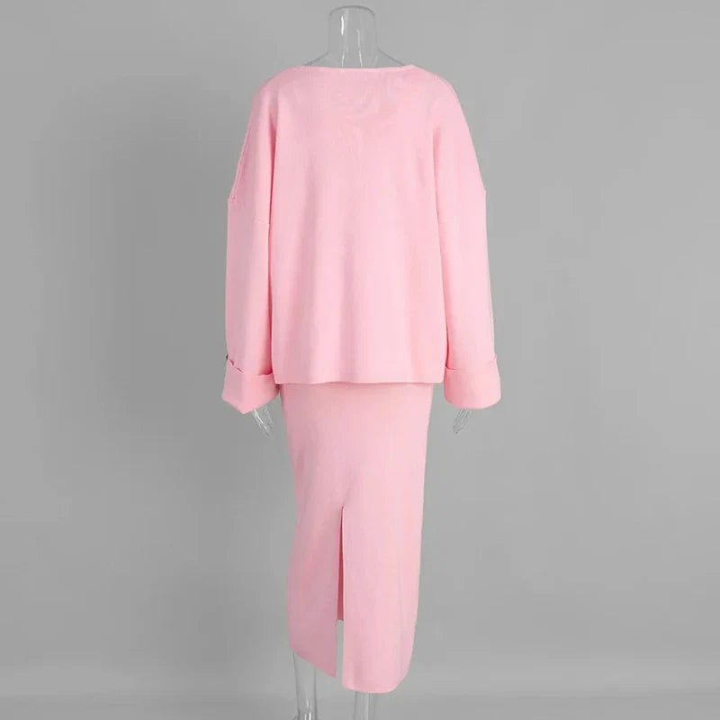 Women's Fashion Three Piece Set Solid Knitted Vest Long Sleeve Single Breasted Coat Chic Maxi Skirt Outfit Winter Casual Dress