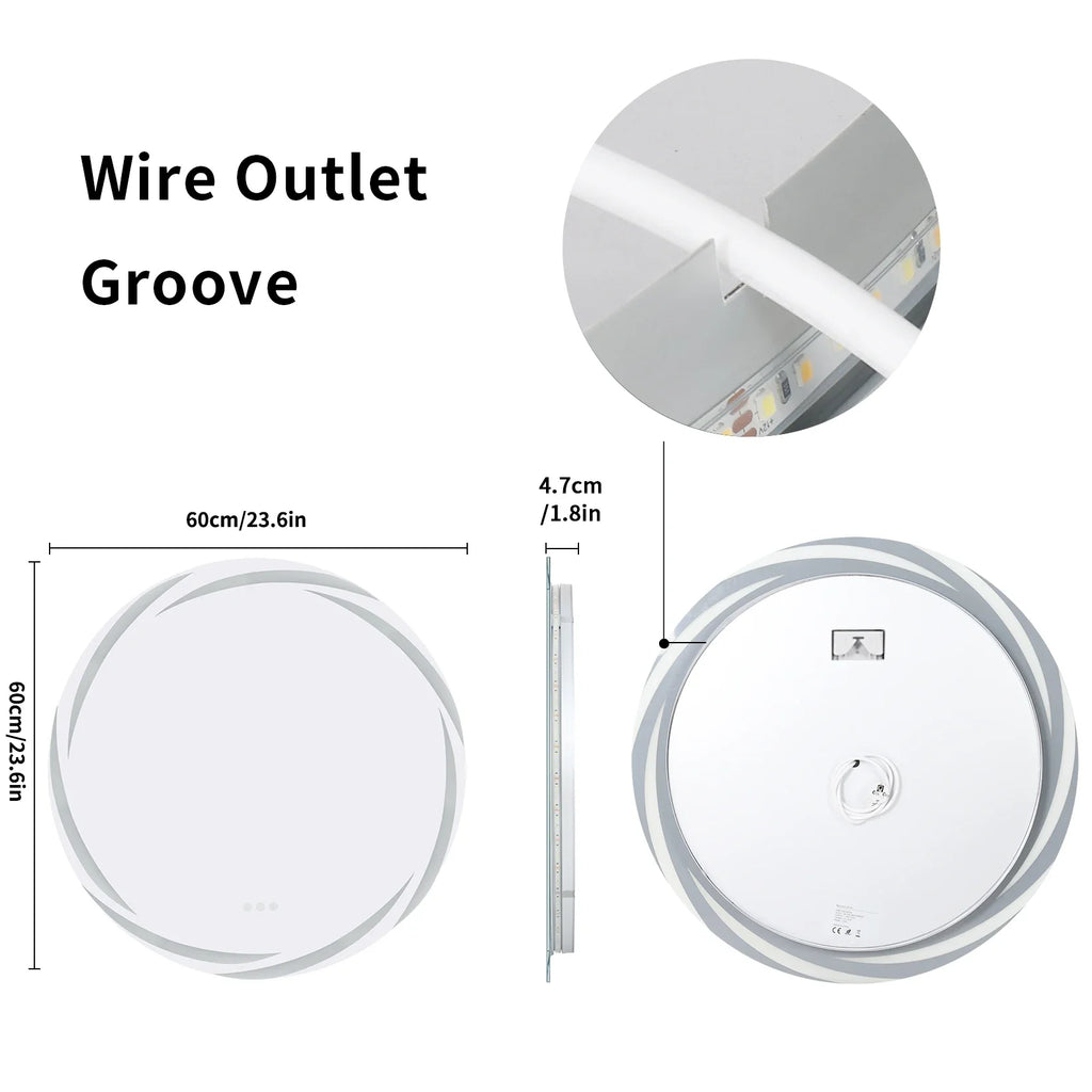 Anti-fog LED Bathroom Mirror Circle Backlit HD Wall Mounted Vanity Mirror Shatterproof 3 Colors Lights Adjust