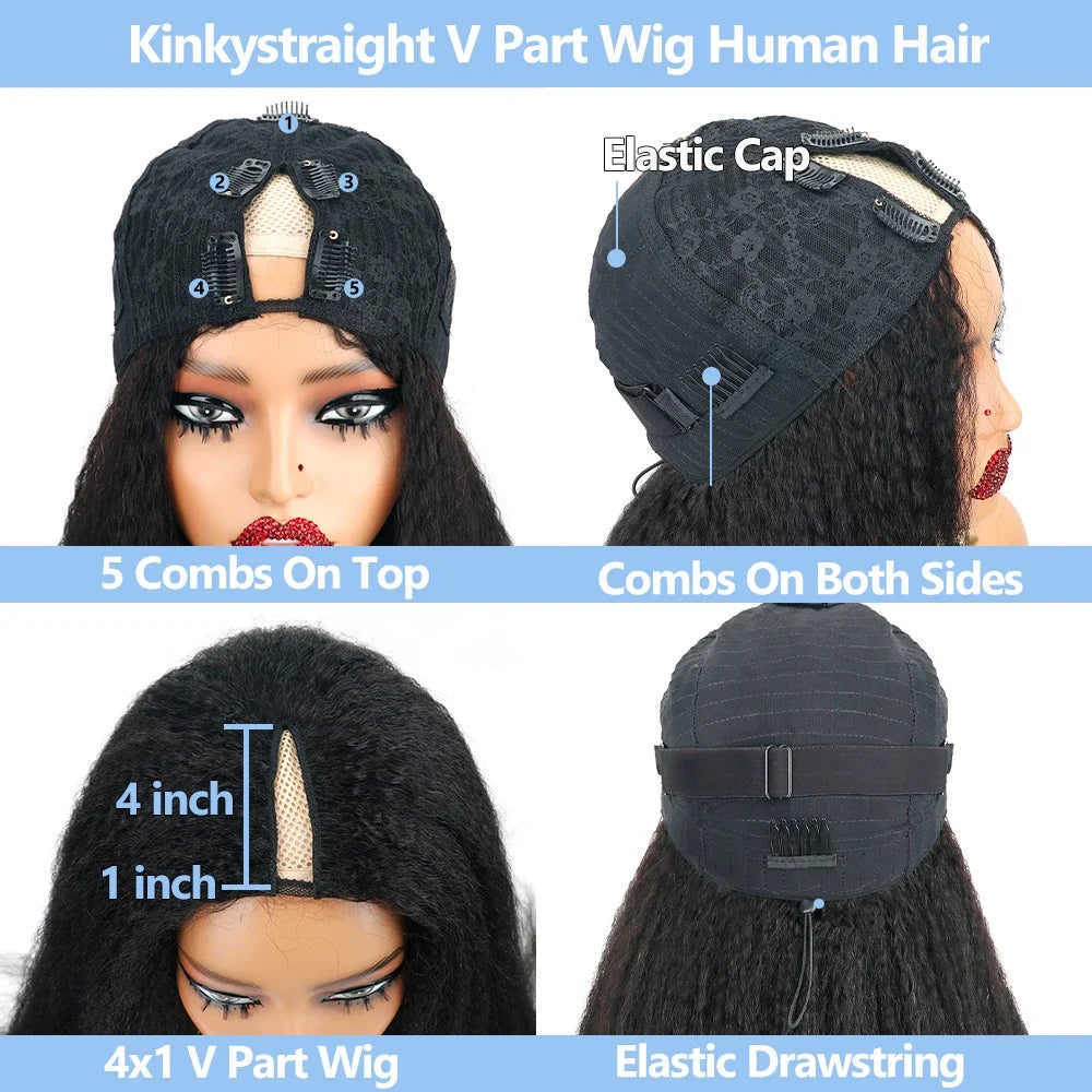 V Part 200% Density Kinky Straight 100% Human Hair 16-32 Inch Wig For Women With Drawstring No Leave Out No Sew In Wigs