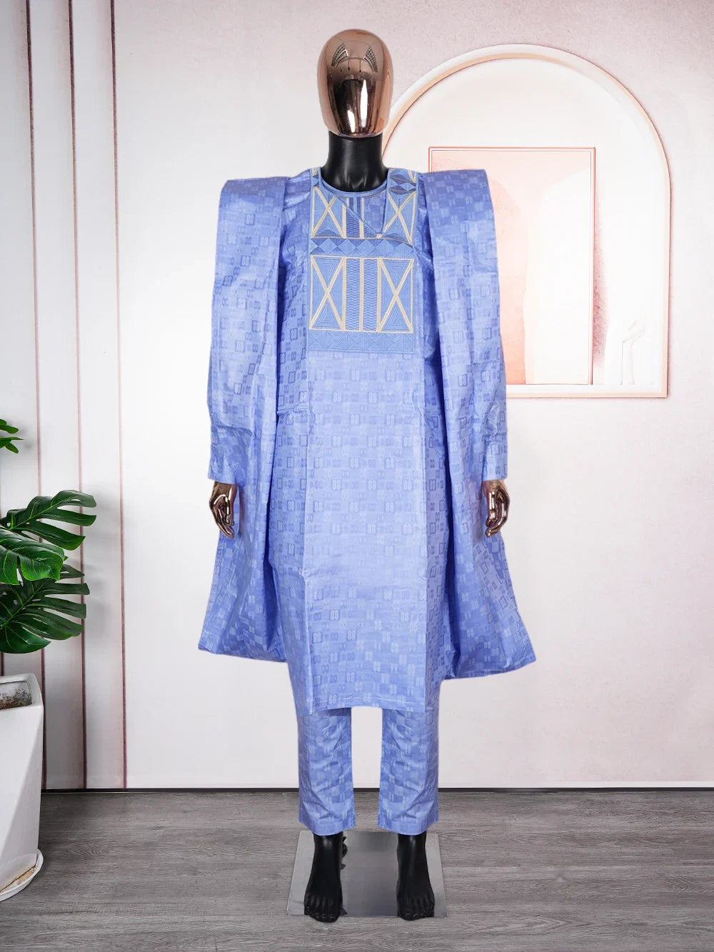 African Traditional Muslim Men Ramadan Embroidery Thobe Bazin Riche Outfits 3PCS Robe Suit Agbada