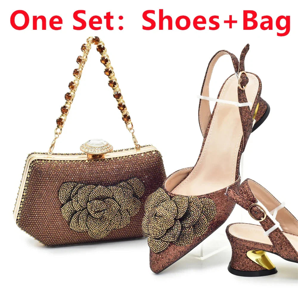 Women's Shoe and Bag Set Latest Luxury Italian Rhinstone Design for Wedding and