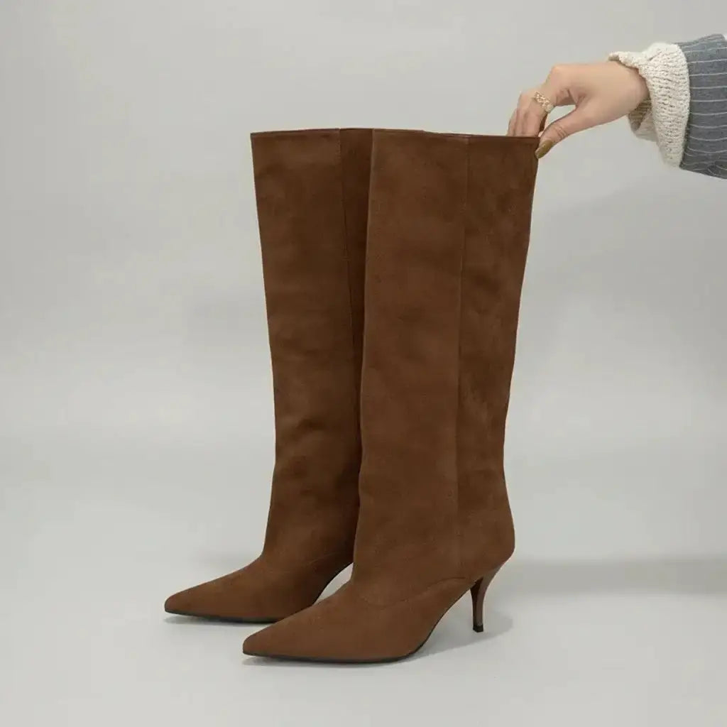 Retro Suede Knee‑High Boots – Kitten Heel