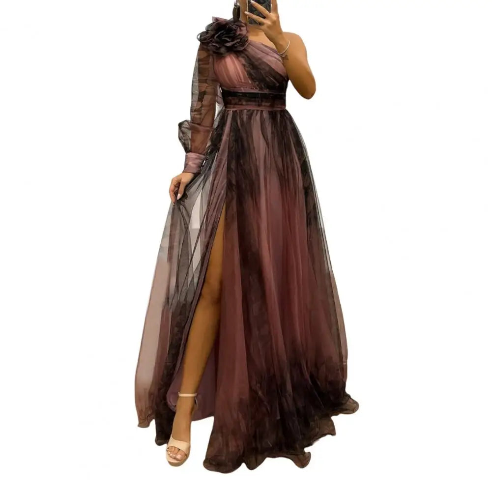 One Shoulder Pleated Chiffon Evening Dress | Floor-Length A-Line | 3D Floral | S–XL