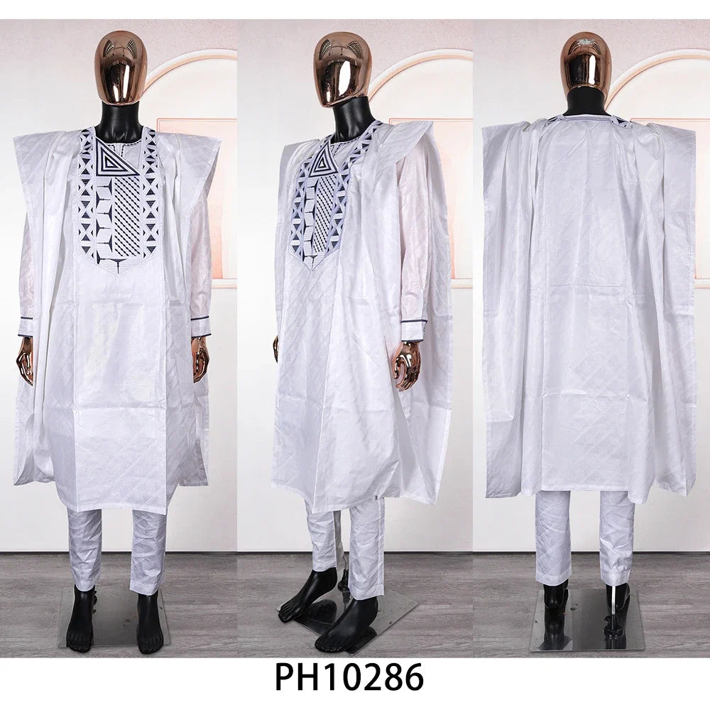 African Clothes for Men Traditional Rich Bazin Original Embroidery White Clothing Men 3 PCS Set Wedding Party Occasion 2024
