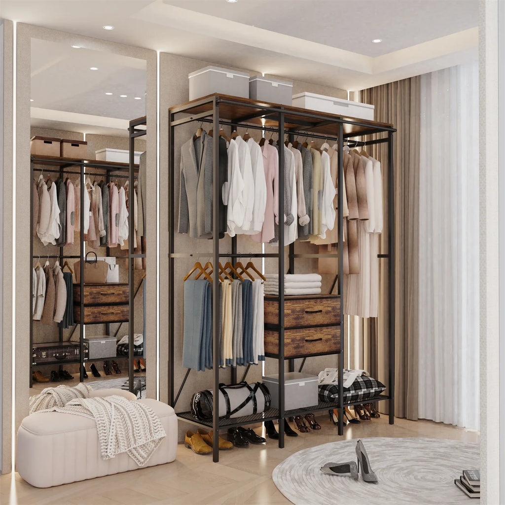 Industrial Coat Rack Stand, Open Wardrobe, Clothes Rail with 2 Drawer and Shelves, Bedroom Storage, Hanging Bar, XXL