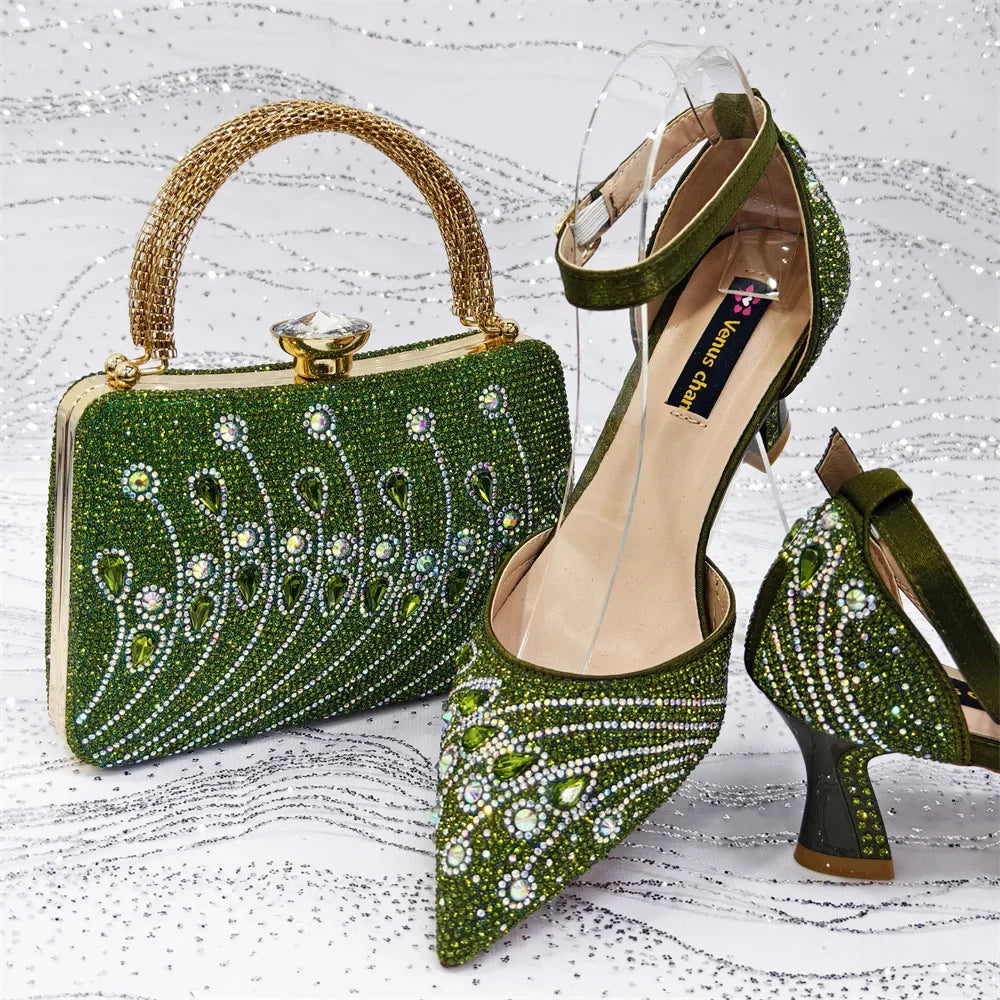 Rhinestone Slingback Pumps & Bag Matching Set — Bling Pointed Toe | 5 Colours | EU 37–43